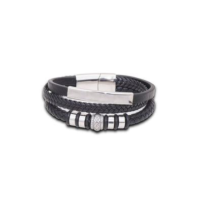Black braided leather bracelet with silver clasp on a white background