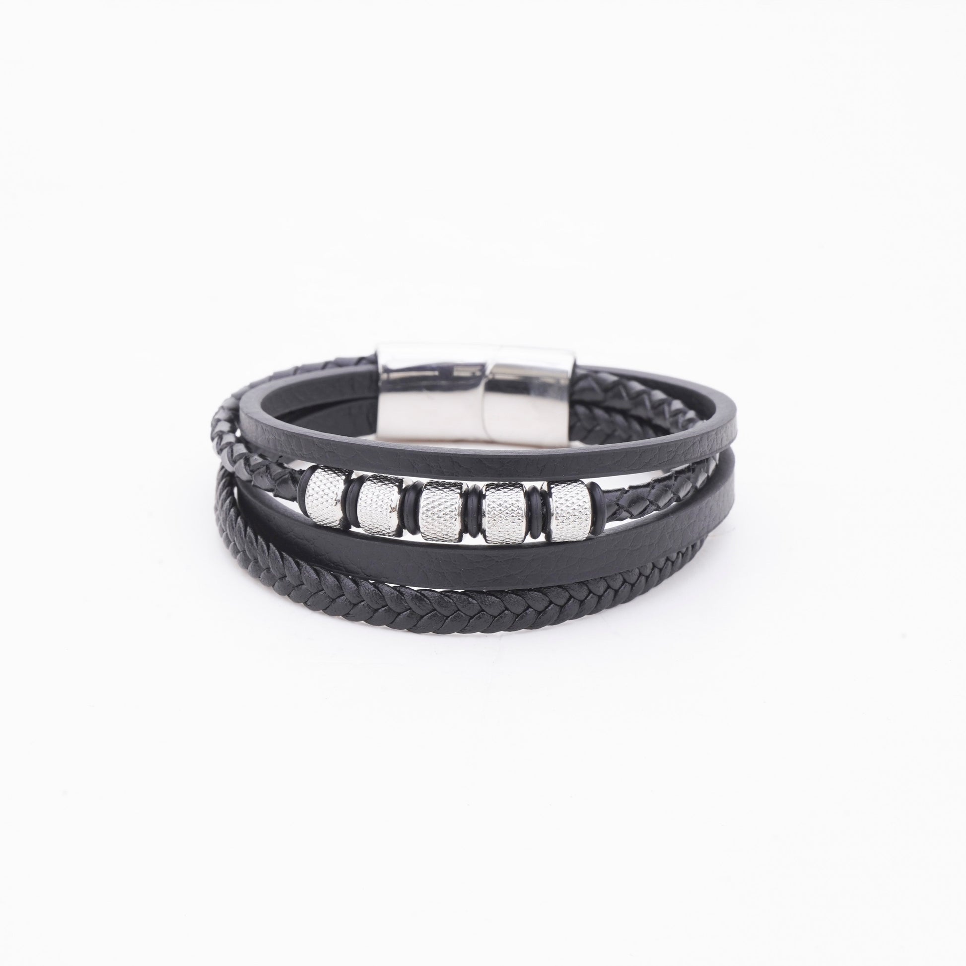 Black leather bracelet with silver accents on a white background