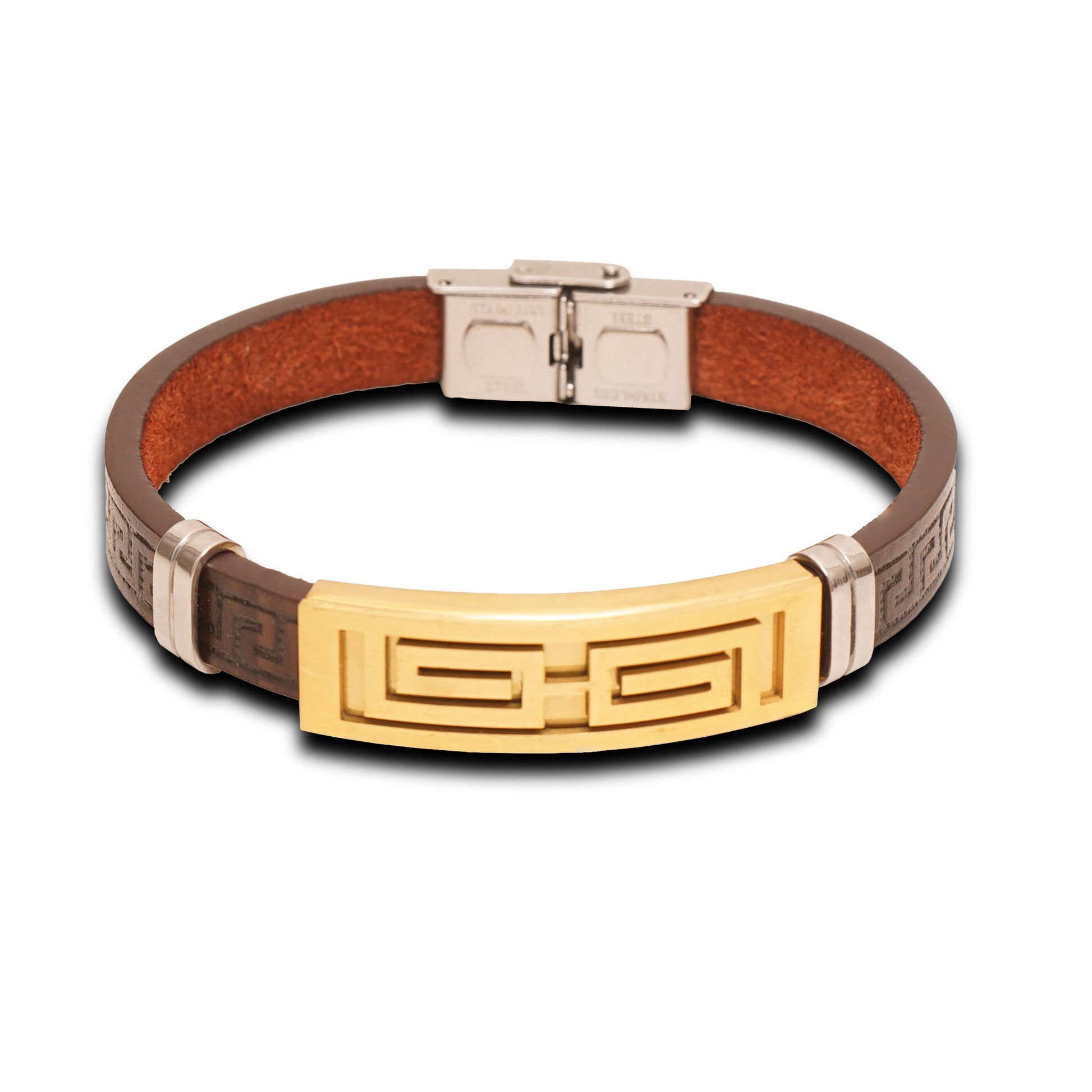 Bracelet with gold clasp and brown leather strap on a white background