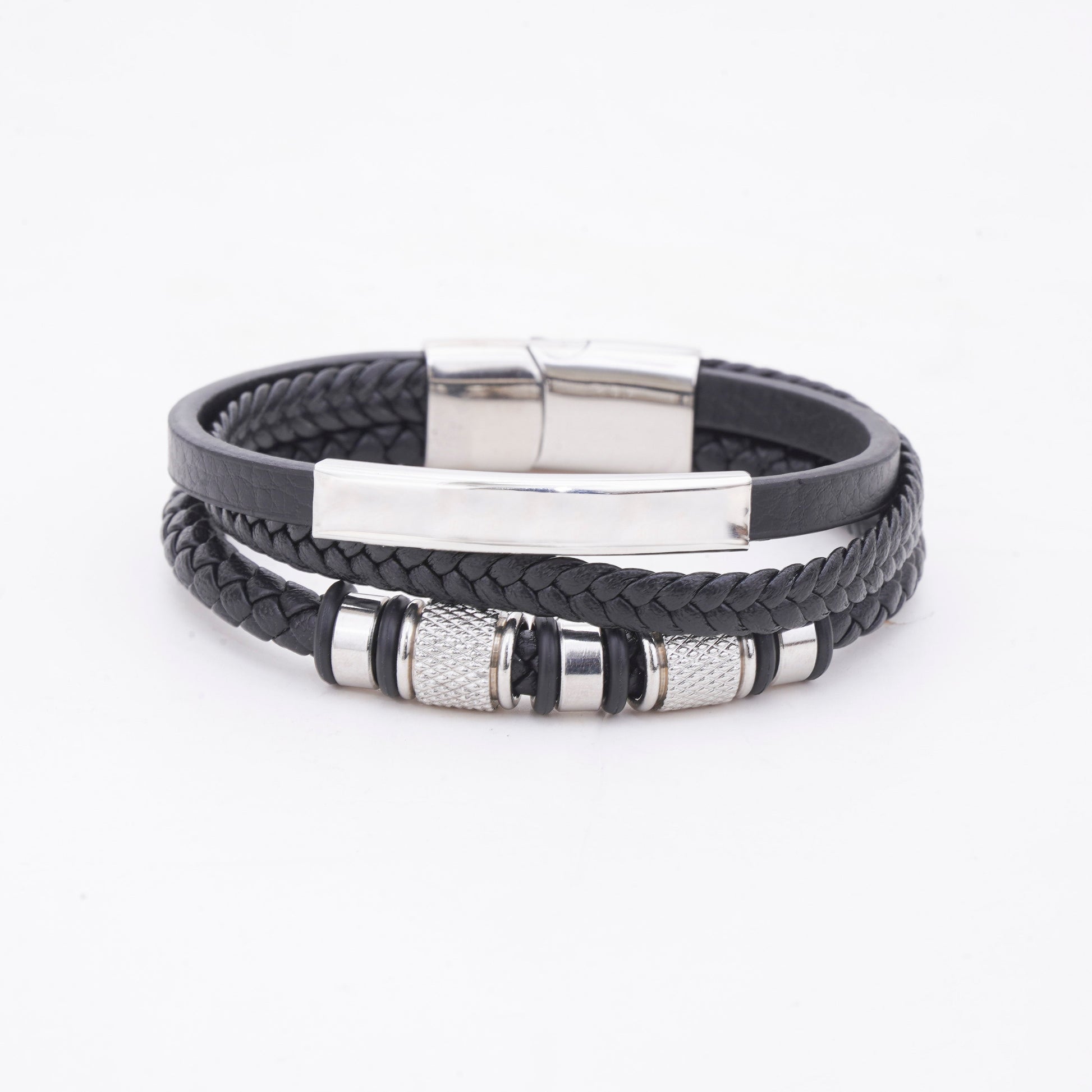Black braided leather bracelet with metal accents on a white background