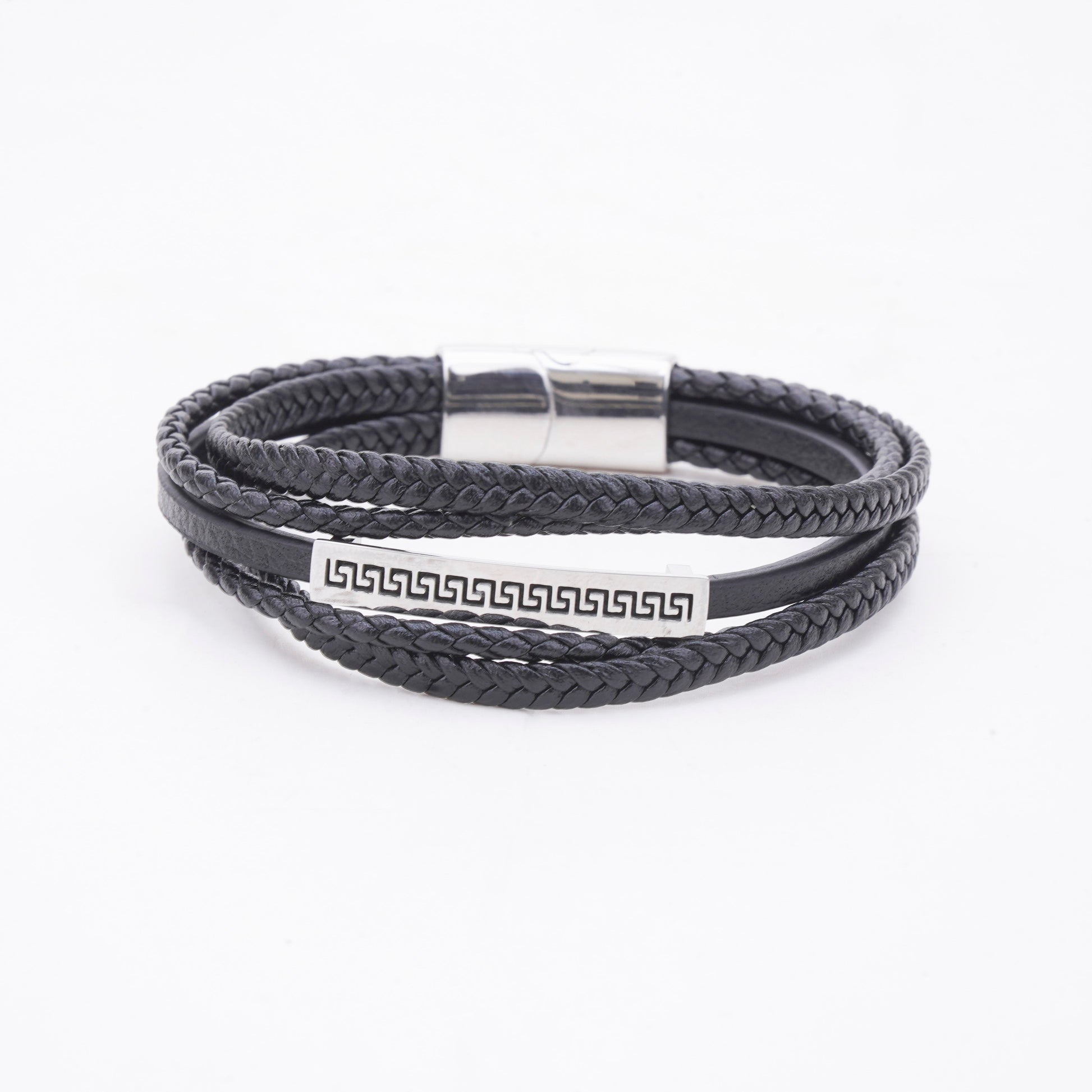 Black braided leather bracelet with a silver tag on a white background