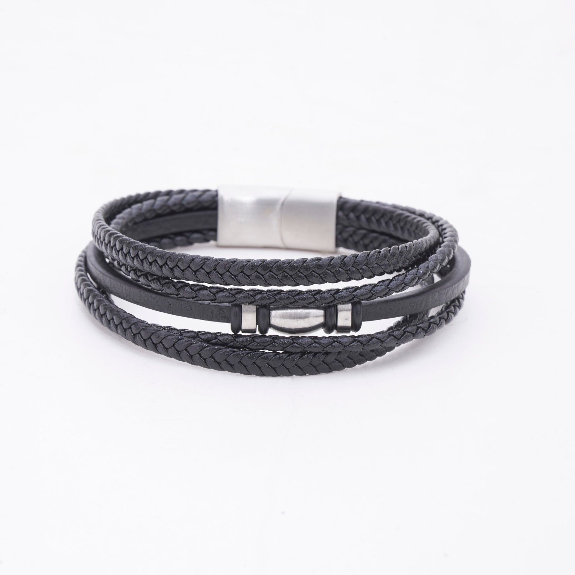 Black braided leather bracelet with silver clasp on a white background