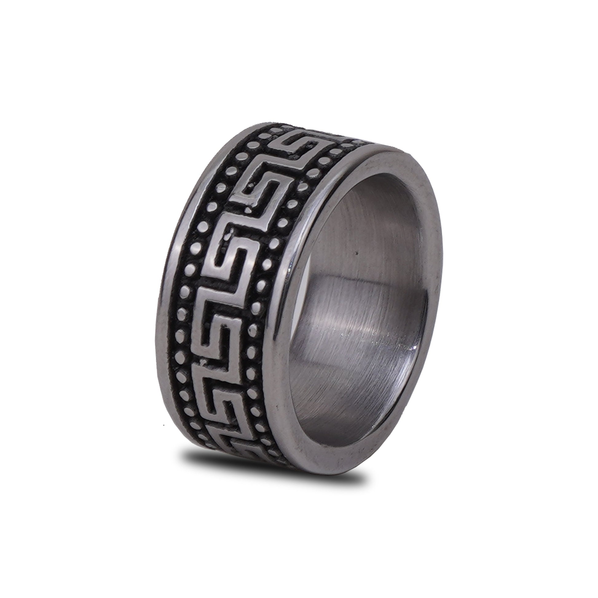 Tungsten ring with black engraved pattern on a white background