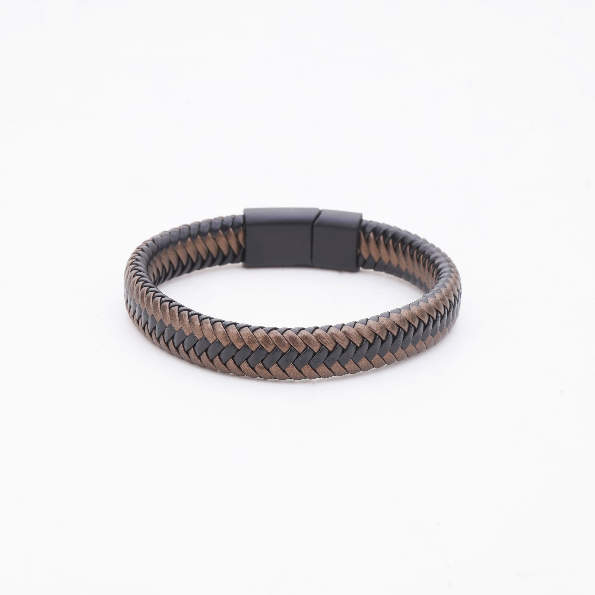 Woven bracelet with a black clasp on a white background