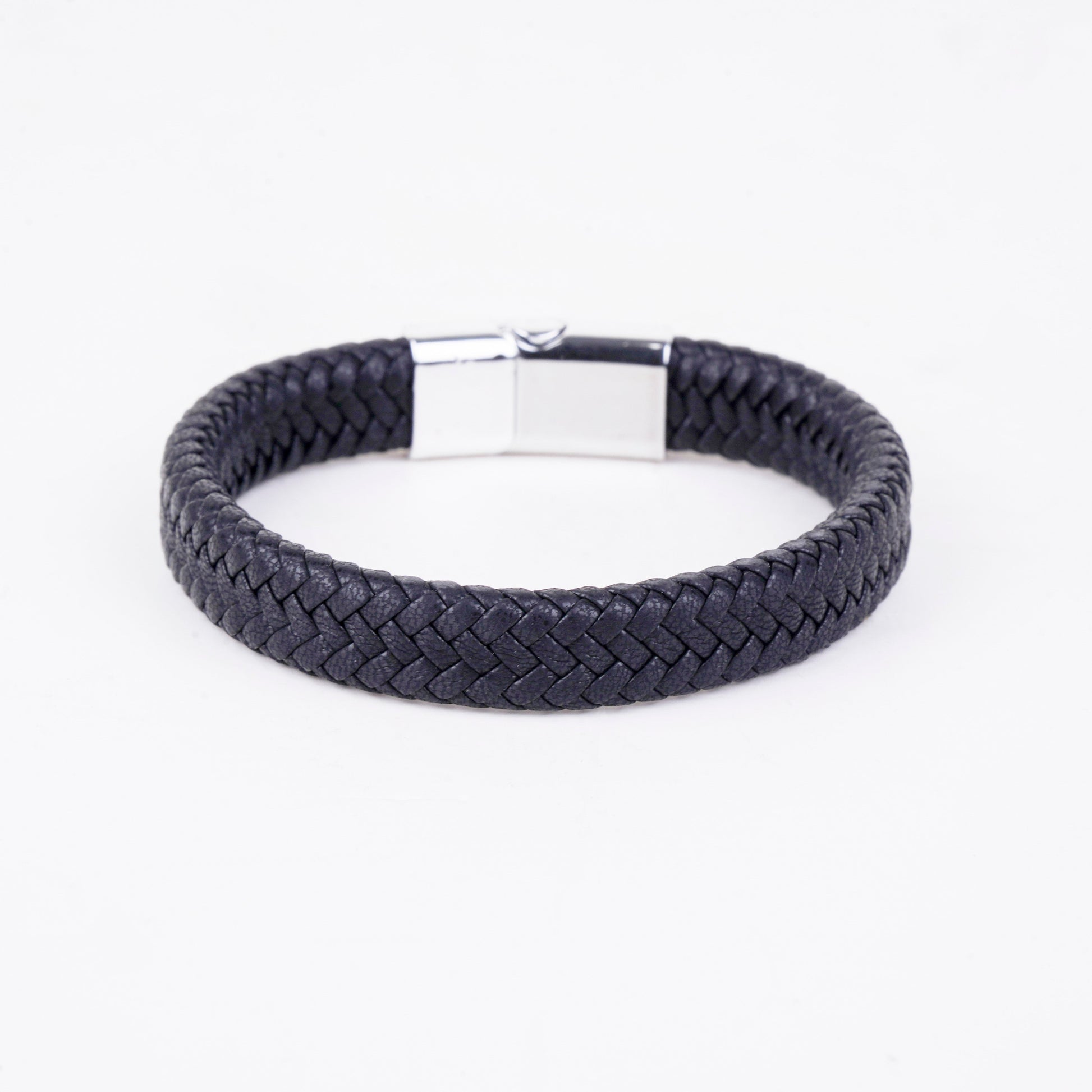 Black braided bracelet with a silver clasp on a white background