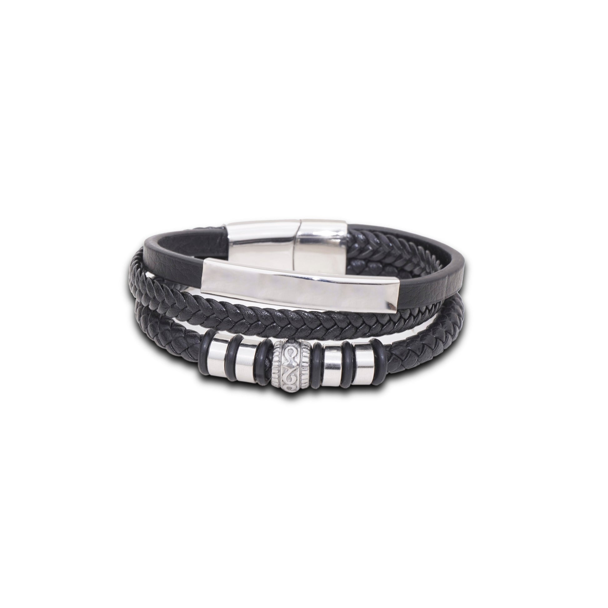 Black braided leather bracelet with silver clasp on a white background